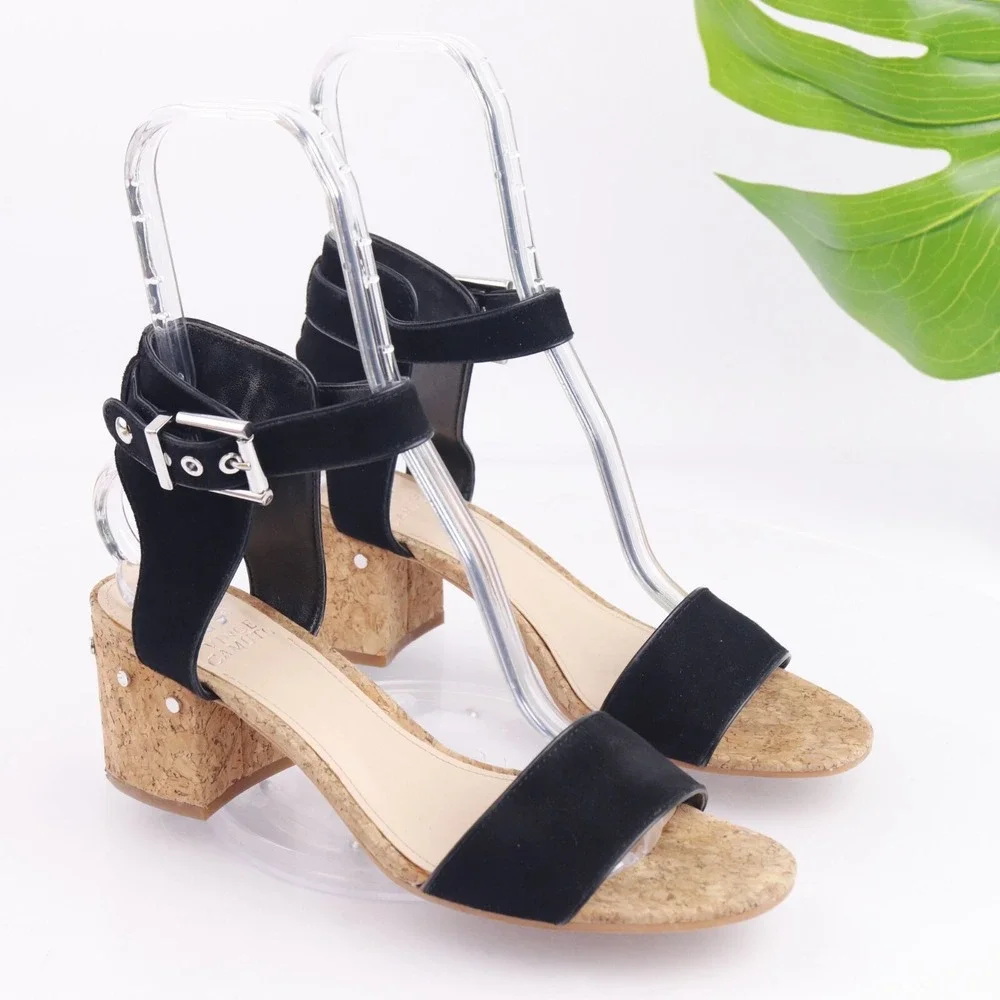 Vince Camuto Women Baeden Sandal Size 9.5 Black Suede Ankle Strap Cork Heel Shoe